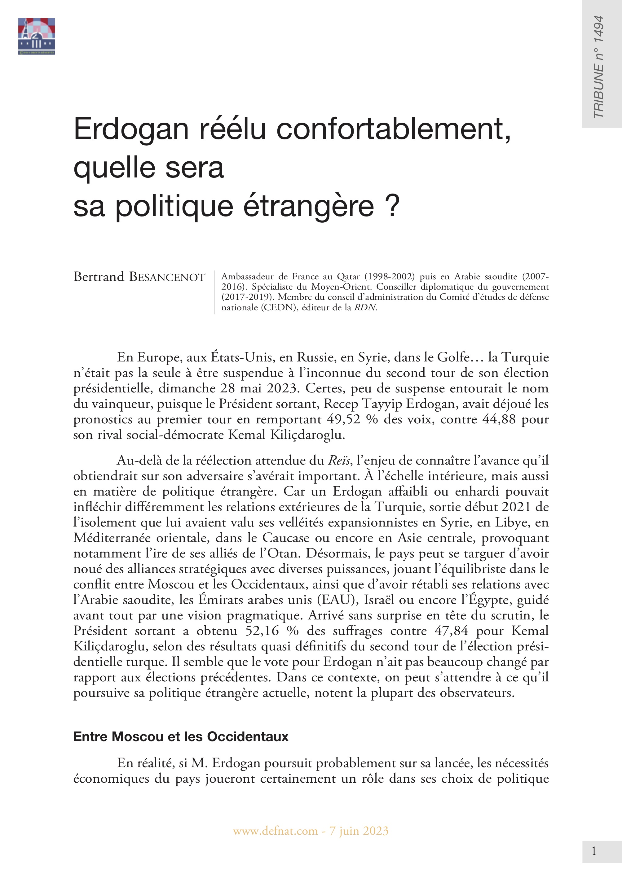 Erdogan réélu confortablement, quelle sera sa politique étrangère ? (T 1494)
